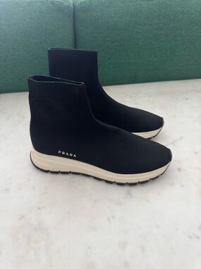 Prada Black Knit Sock Sneakers with Cream Sole